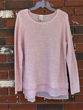 VTG Y2K Faded Glory Metallic Knit Sweater Layered Hem Sequin Pink XL Coquette